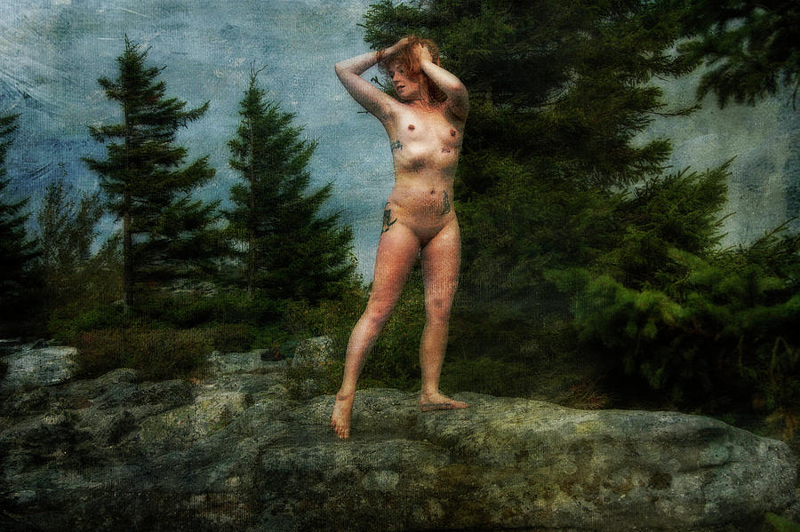 Model on rocks outdoors in the fog posing nude and topless 7 Photograph by Daniel Friend