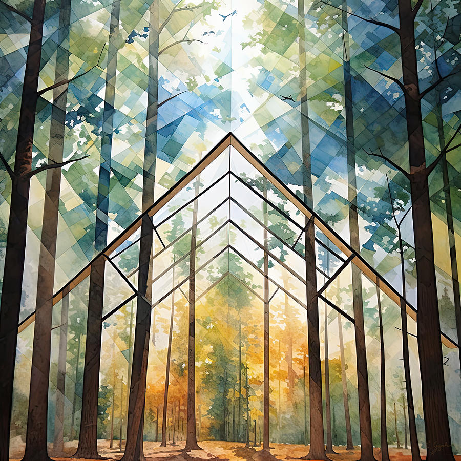 Modern A Frame Rhythm - Mountain Retreat Art  Painting by Lourry Legarde
