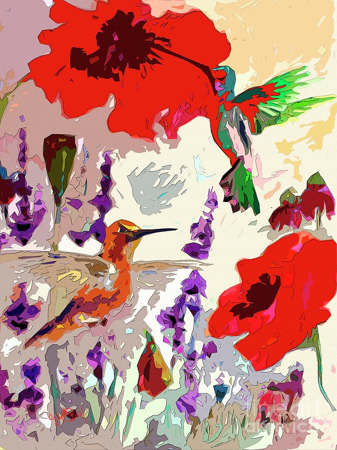 Modern Abstract Hummingbirds and Poppies Mixed Media by Ginette Callaway