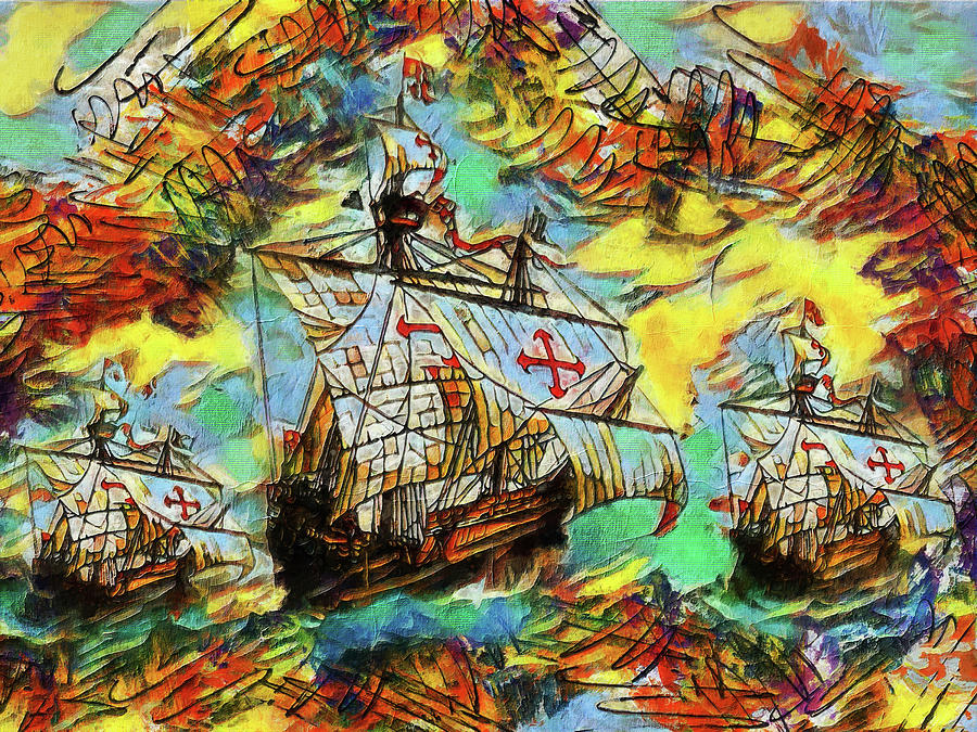 Modern art representing Portuguese caravels used in the Age of ...