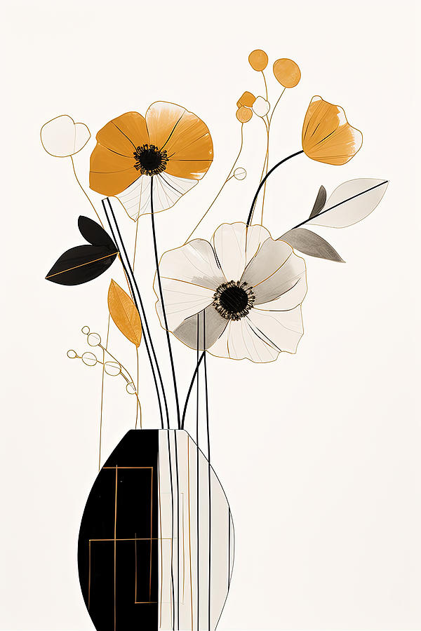 Modern Black and Gold Flowers Painting by Lourry Legarde