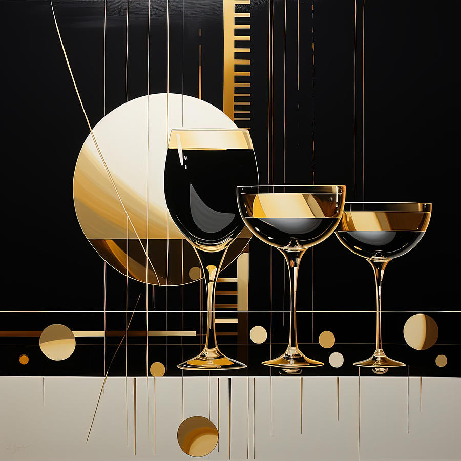 Modern Black and Gold Wine Cocktail Glasses Art for Fine Dining Painting by Lourry Legarde