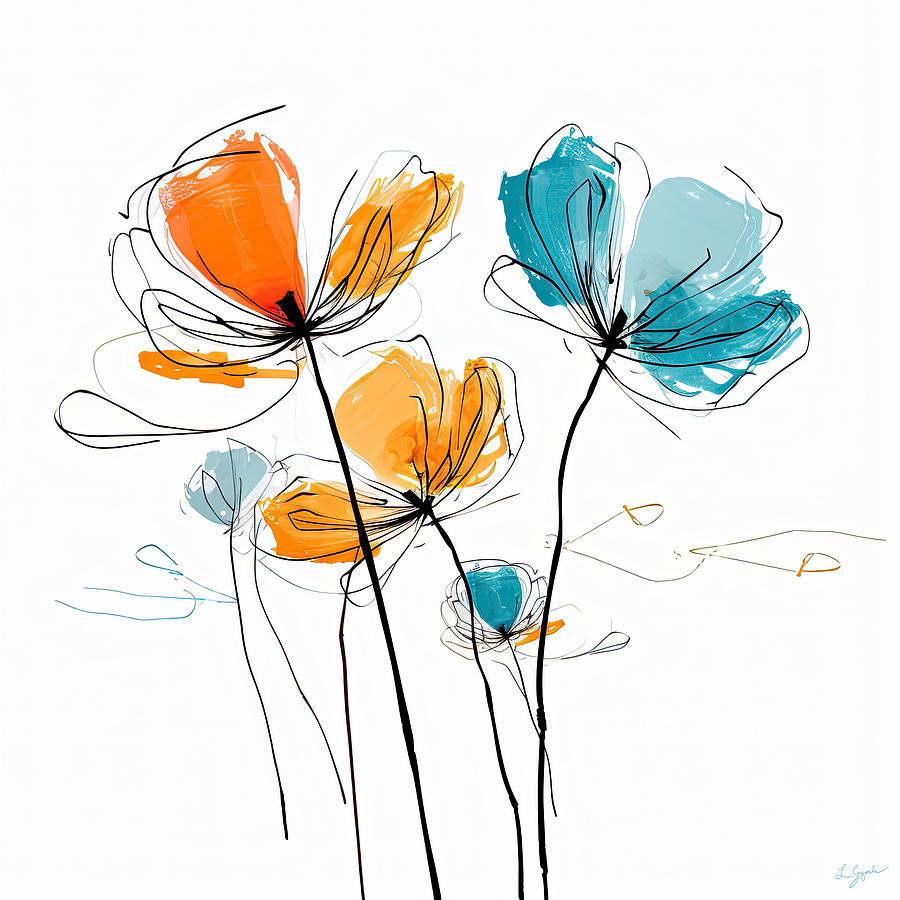 Modern Bloom - Blue and Orange Art Painting by Lourry Legarde