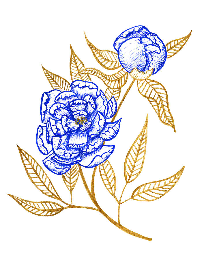 Modern Blue and Gold Peony 1 Art by Jen Montgomery Painting by Jen Montgomery