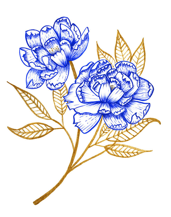 Modern Blue and Gold Peony 2 Art by Jen Montgomery Painting by Jen Montgomery