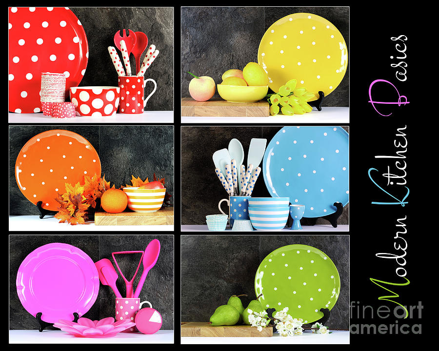 Modern colorful kitchenware collage in bright colours. Photograph by Milleflore Images
