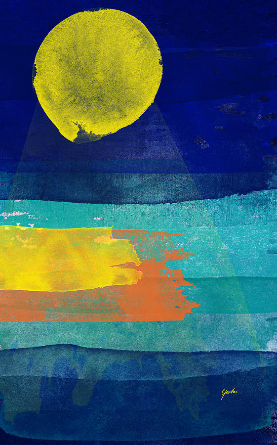 Modern Cool Linear Abstract Minimalist Landscape - Full Moon Painting by Modern Abstract