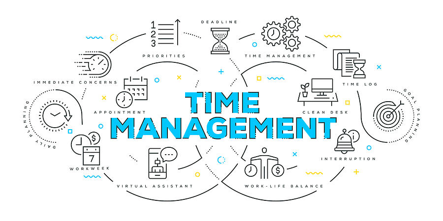 Modern Flat Line Design Concept of Time Management Drawing by Enis Aksoy