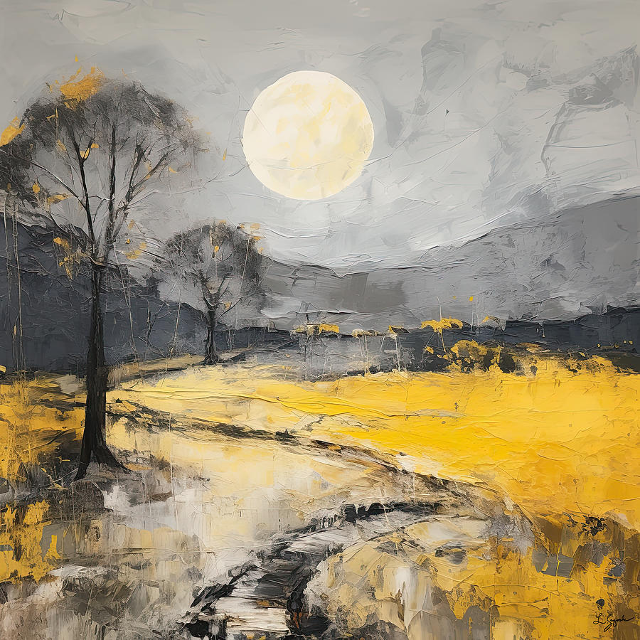 Modern Impressionist Landscapes - Bright Yellow and Dark Gray  Painting by Lourry Legarde