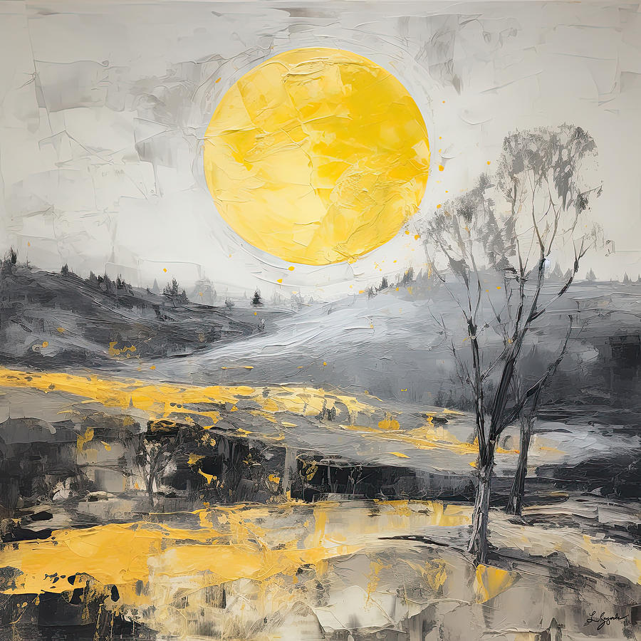 Modern Impressionist Moonlit Landscapes - Dark Gray and Bright Yellow Painting by Lourry Legarde