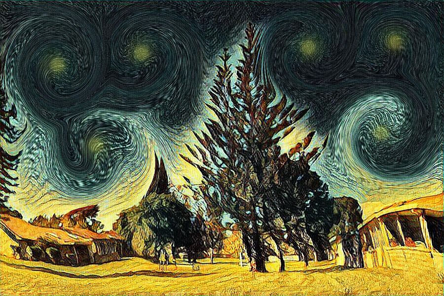 Modern Impressionist Starry Night with Trees Van Gogh Style Mixed Media by Shelli Fitzpatrick