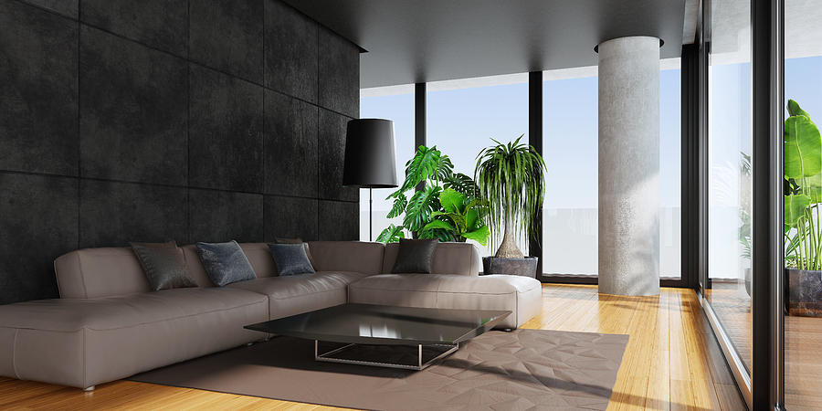 Modern living room with big panoramic windows and bamboo floor Photograph by Tulcarion