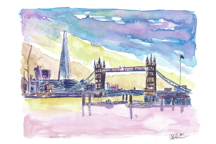 London Painting - Modern London UK Sunset with Tower Bridge and Skyscrapers by M Bleichner