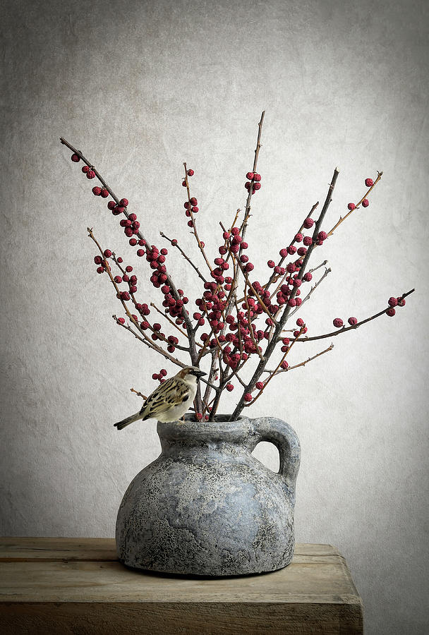 Modern still life vase with berries and sparrow Digital Art by Marjolein Van Middelkoop