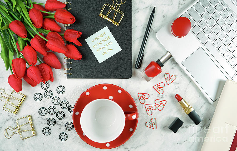 Modern stylish feminine desk or workspace coffee break. Photograph by Milleflore Images