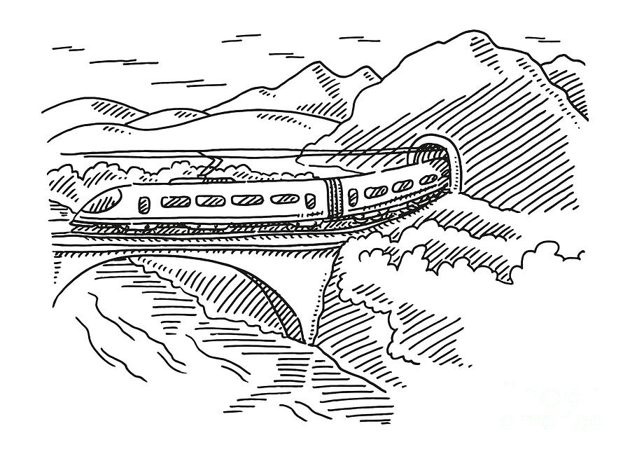 train drawing black and white