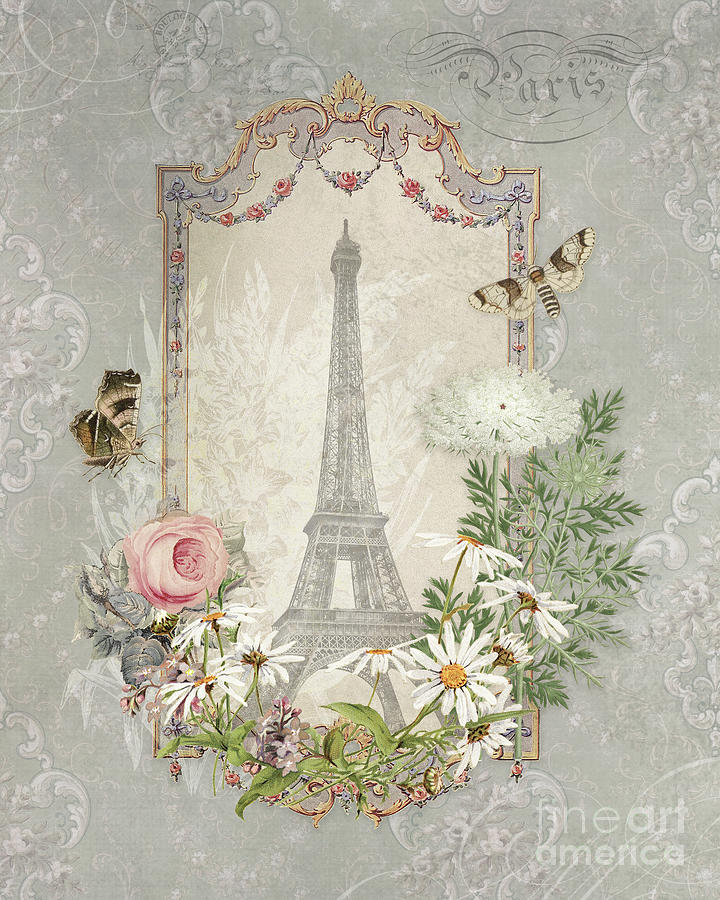 Modern Vintage Paris Eiffel Tower French Wildflower and Rose Garden Botanical Moth Butterfly  Painting by Audrey Jeanne Roberts