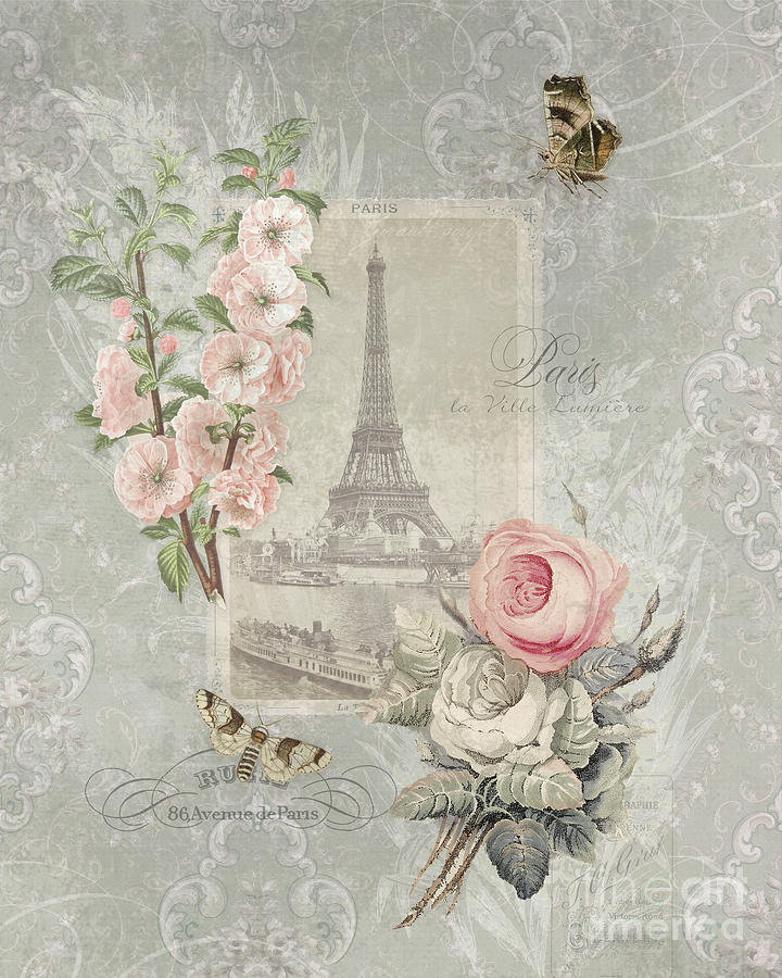 Modern Vintage Paris Script Eiffel Tower French Wallpaper Rose Garden  Botanical Moth Butterfly Painting by Audrey Jeanne Roberts - Fine Art  America
