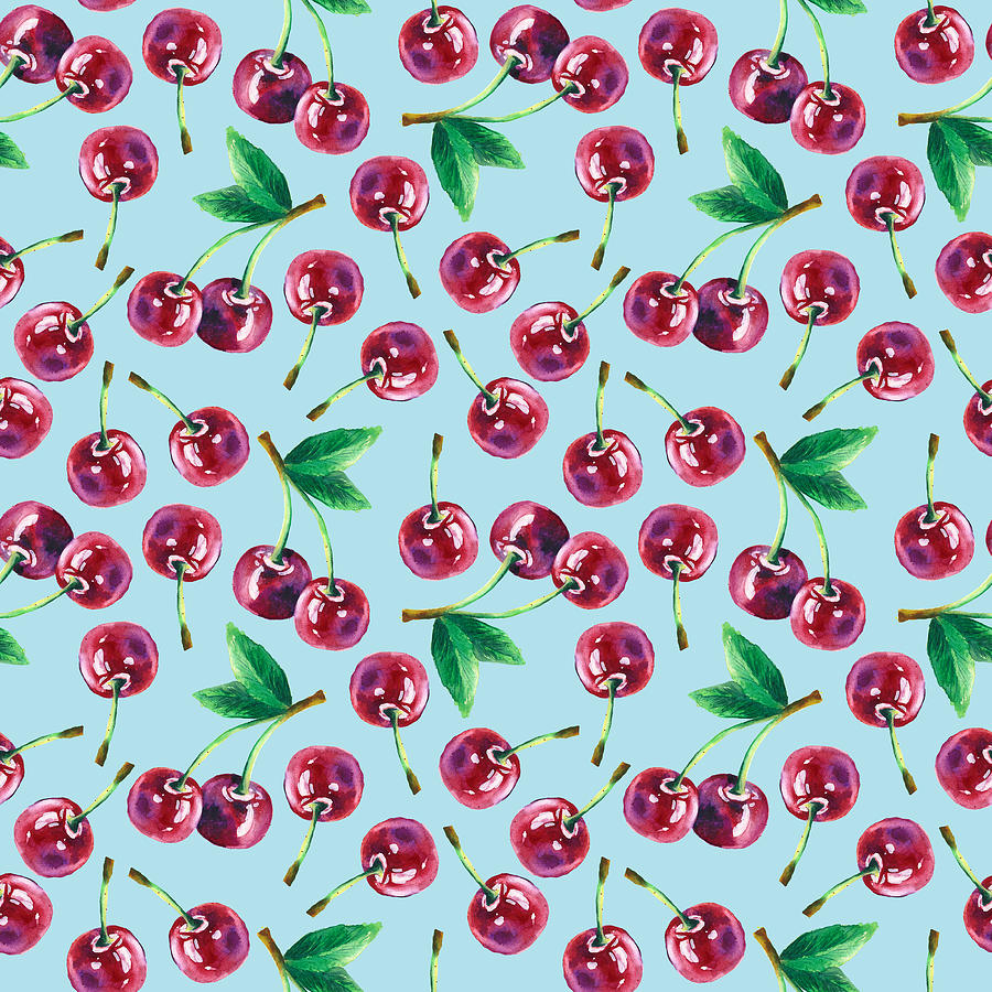 Modern Watercolor Cherry Pattern. Cute Cartoon Cherry Tree On The Background. Bright Juicy Berries. Hand-drawn Pattern. Summer Berries. Drawing
