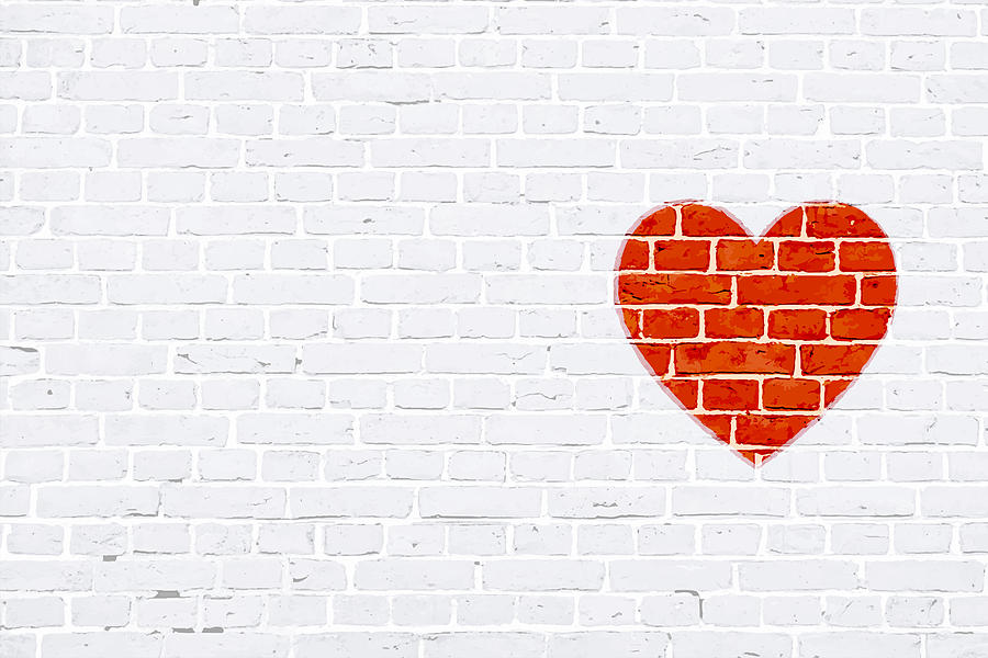 Modern white color brick pattern wall texture grunge background Xmas vector illustration with a red colored heart  graffiti graffitied or rubber stamped on wall Drawing by Desifoto 