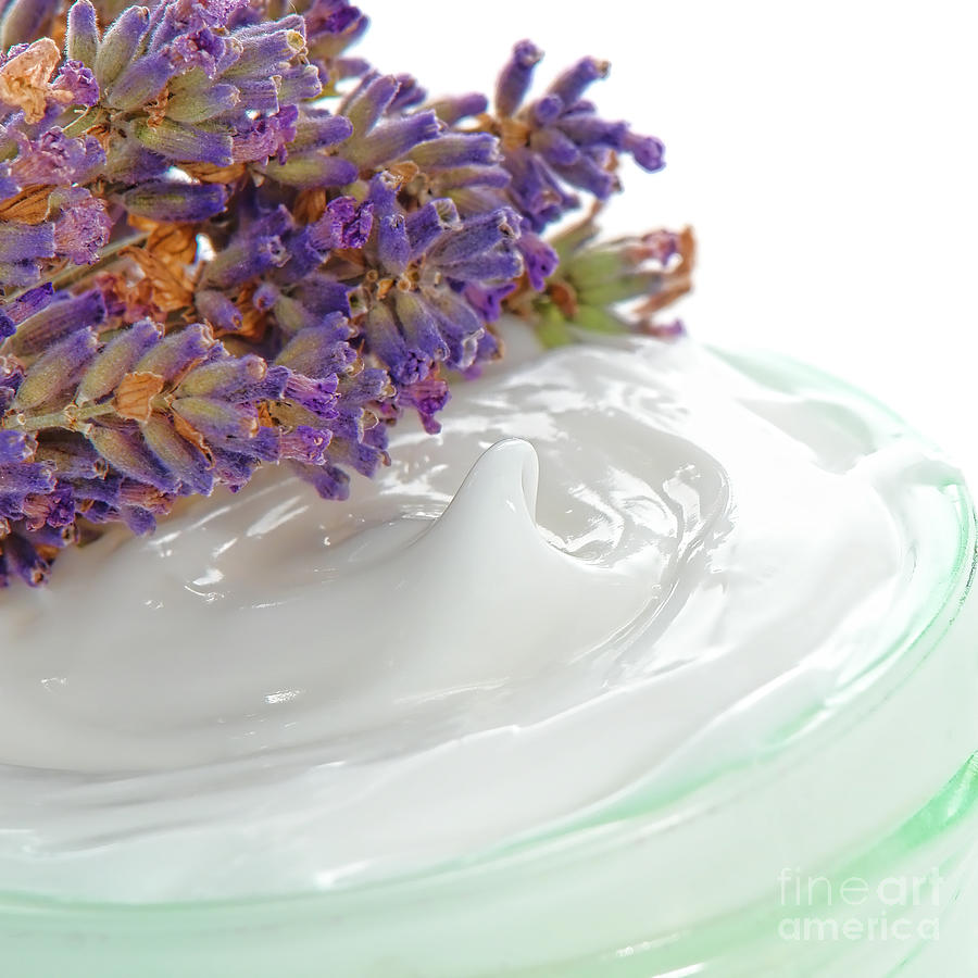 Moisturizing Cream in a Jar and Lavender Flowers  Photograph by Olivier Le Queinec