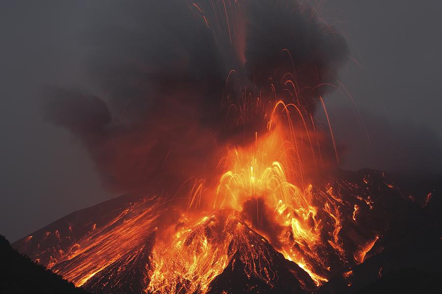Molten lava erupts from Sakurajima,  Kagoshima,  Japan Photograph by Moodboard