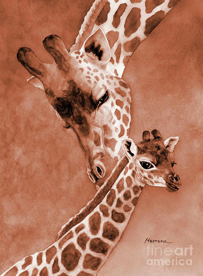 Mothers Day Painting - Mom and Baby Giraffe in Sepia by Hailey E Herrera