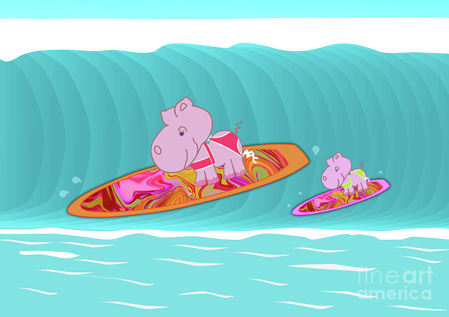 Mom and Baby Hippo Surfing the Wave Digital Art by Barefoot Bodeez Art ...