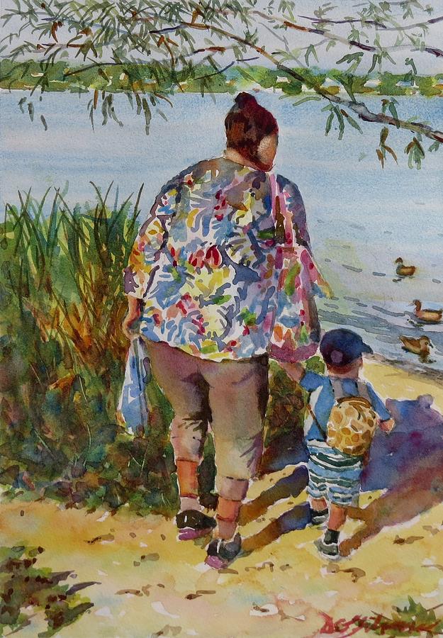 Mom and Boy with Ducks Painting by David Gilmore
