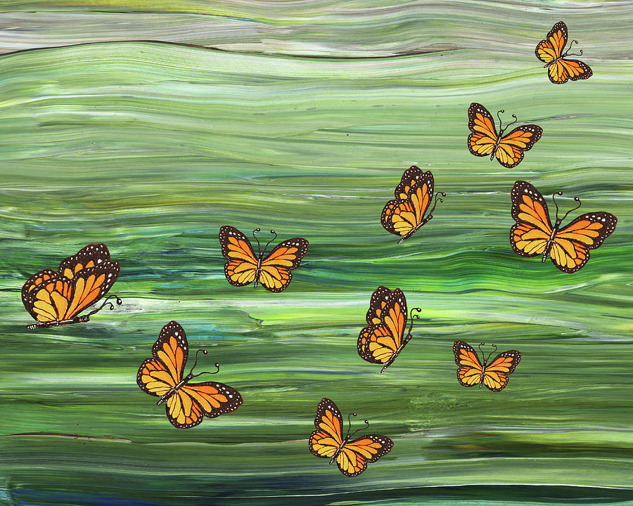 Monarch Butterflies Above Green Meadow Painting