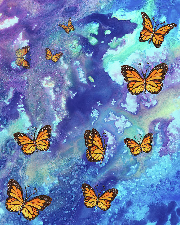 Monarch Butterflies Flying In The Clear Crystal Blue Sky Watercolor Painting