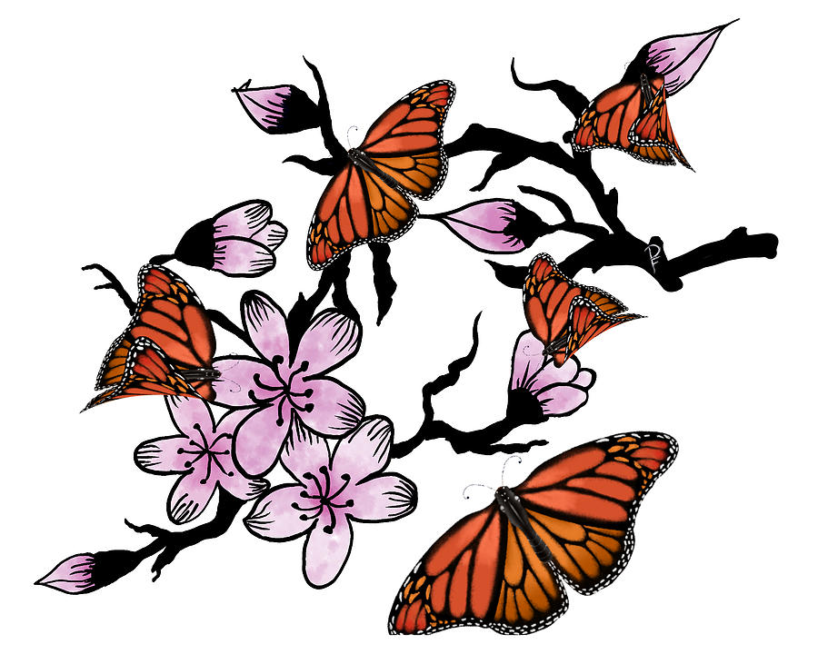 Monarch Butterfly Cherry Blossoms Digital Art