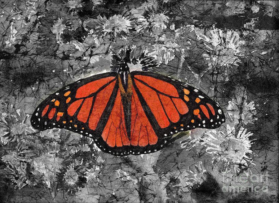Monarch Butterfly in Selective Color from Watercolor Batik Digital Art by Conni Schaftenaar