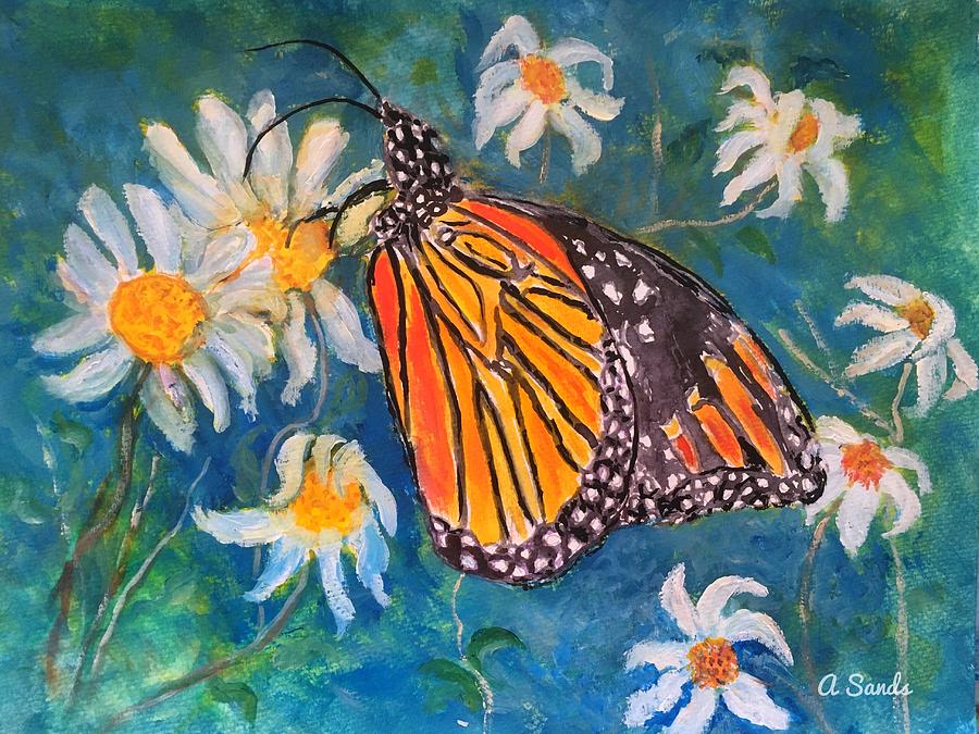 Monarch butterfly on Daisies Painting by Anne Sands