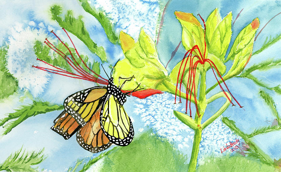 Monarch Butterfly on Yellow Bird of Paradise Flower Watercolor Painting by Linda Brody