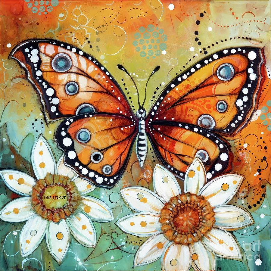 Monarch In The White Daisies Painting by Tina LeCour