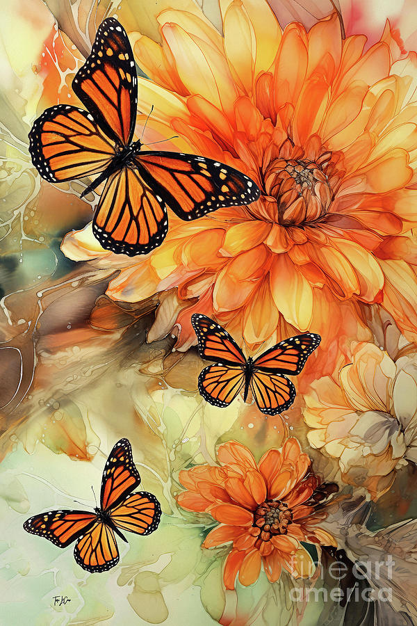 Monarchs And Mums Painting by Tina LeCour