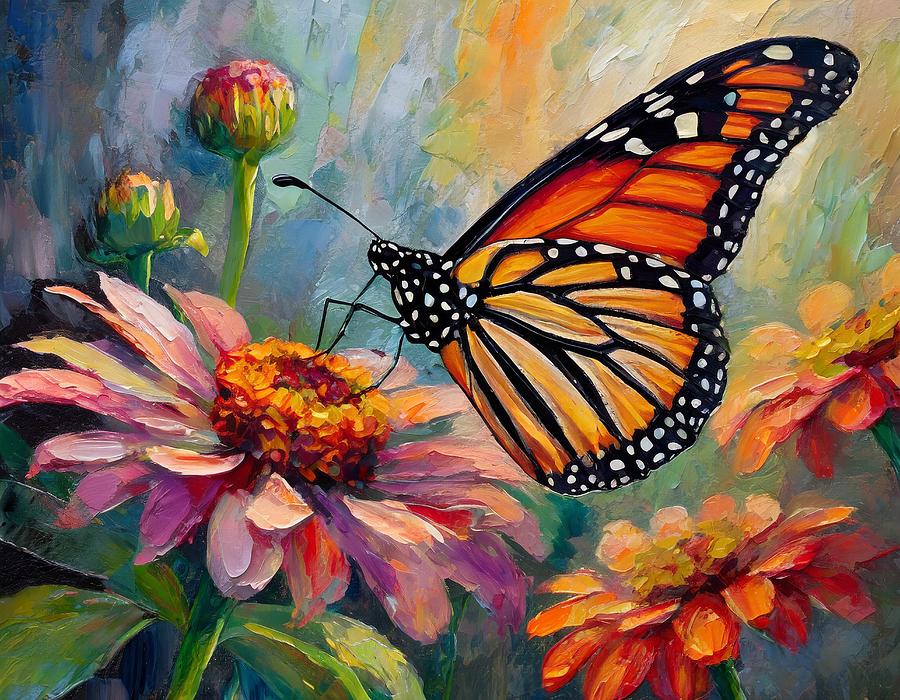 Monarchs Grace Among Zinnias Mixed Media by Susan Rydberg