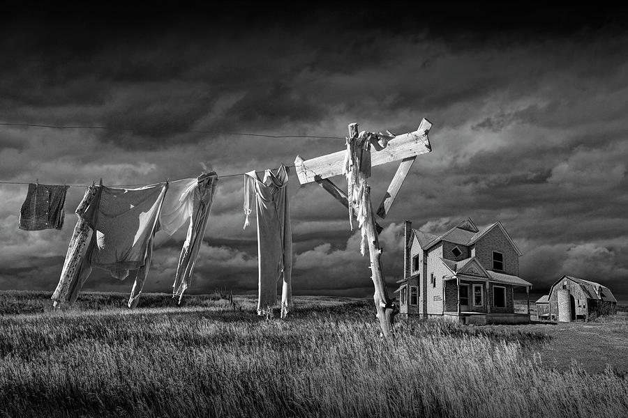 Monday Morning Wash On The Clothesline In Black And White Photograph