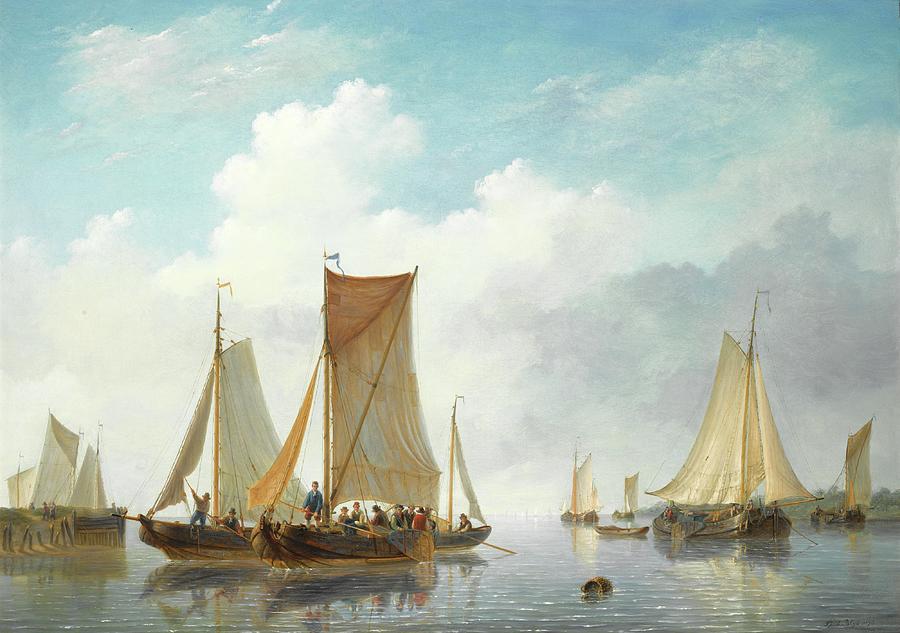 Jacobus Painting -  Monding met schepen in rustig water  Estuary with vessels in calm water by Frans Jacobus van den Blijk