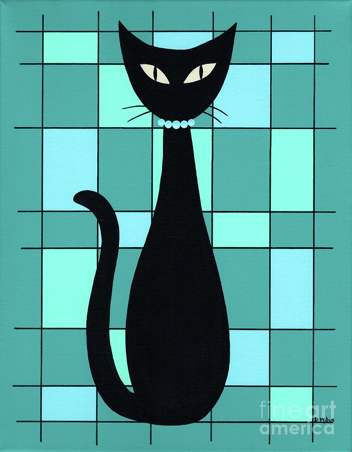 Mondrian Cat in Blue, Green and Teal Painting by Donna Mibus
