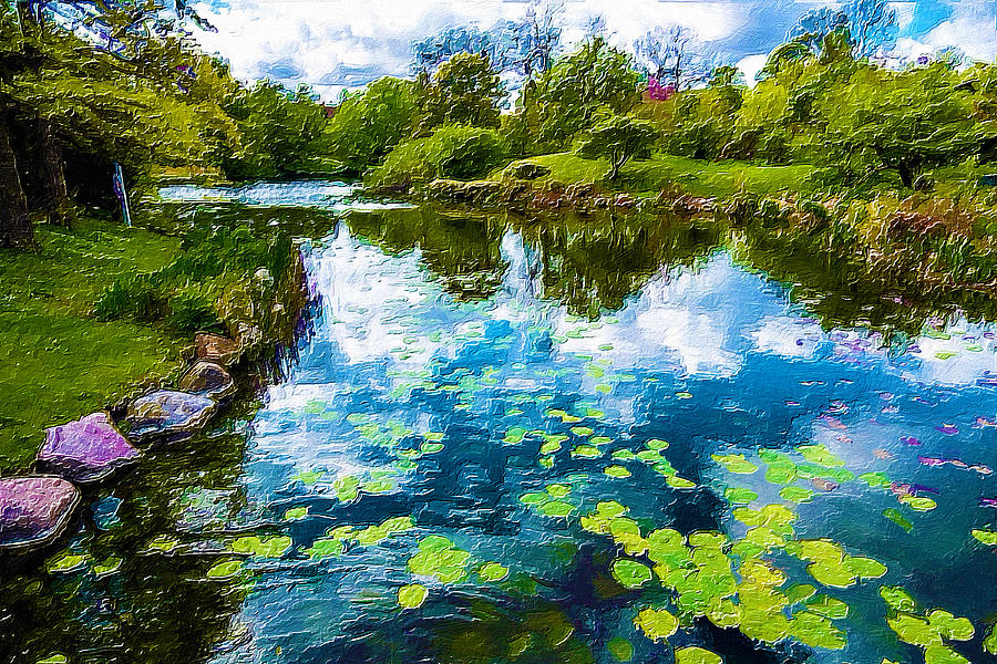 Monet Lillies Inspired Lake And Trees Painting by Tony Rubino