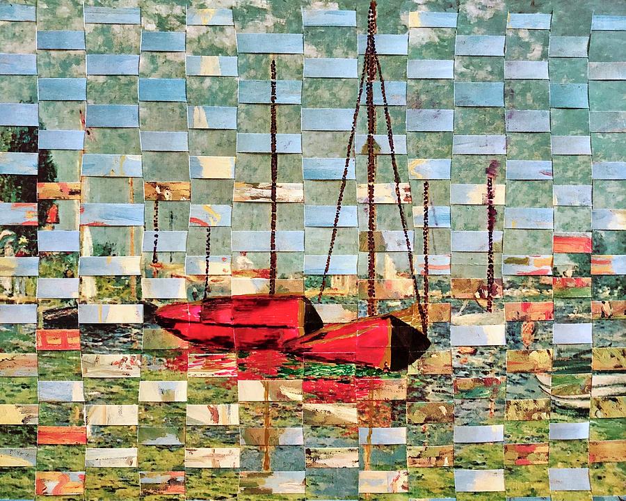 Monet Sailboats Woven Collage Mixed Media by Kirsten Giving