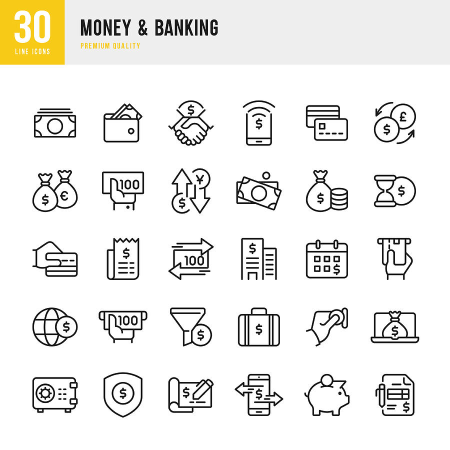 Money & Banking - set of line vector icons Drawing by Fonikum