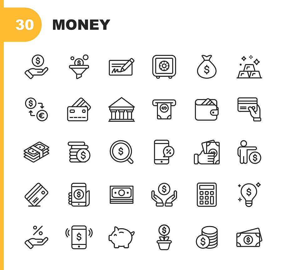 Money and Finance Line Icons. Editable Stroke. Pixel Perfect. For Mobile and Web. Contains such icons as Banking, Piggy Bank, Payment, Credit Card, Mobile Discount. Drawing by Rambo182
