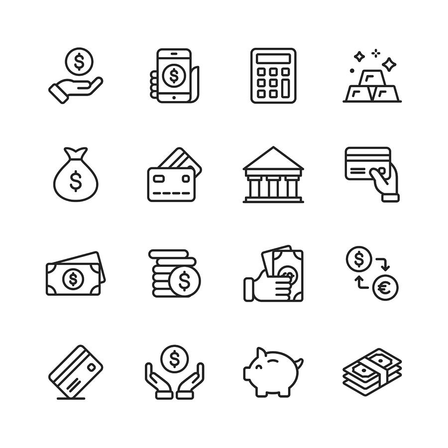 Money and Finance Line Icons. Editable Stroke. Pixel Perfect. For Mobile and Web. Contains such icons as Money, Wallet, Currency Exchange, Banking, Finance. Drawing by Rambo182