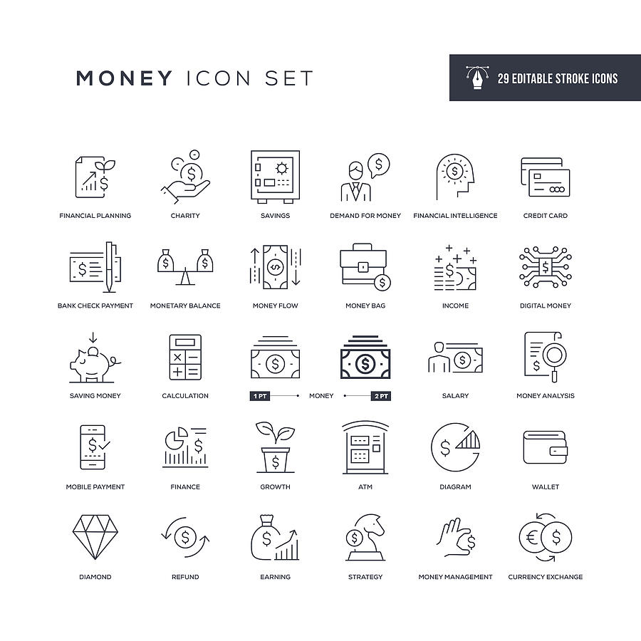 Money Editable Stroke Line Icons Drawing by Enis Aksoy