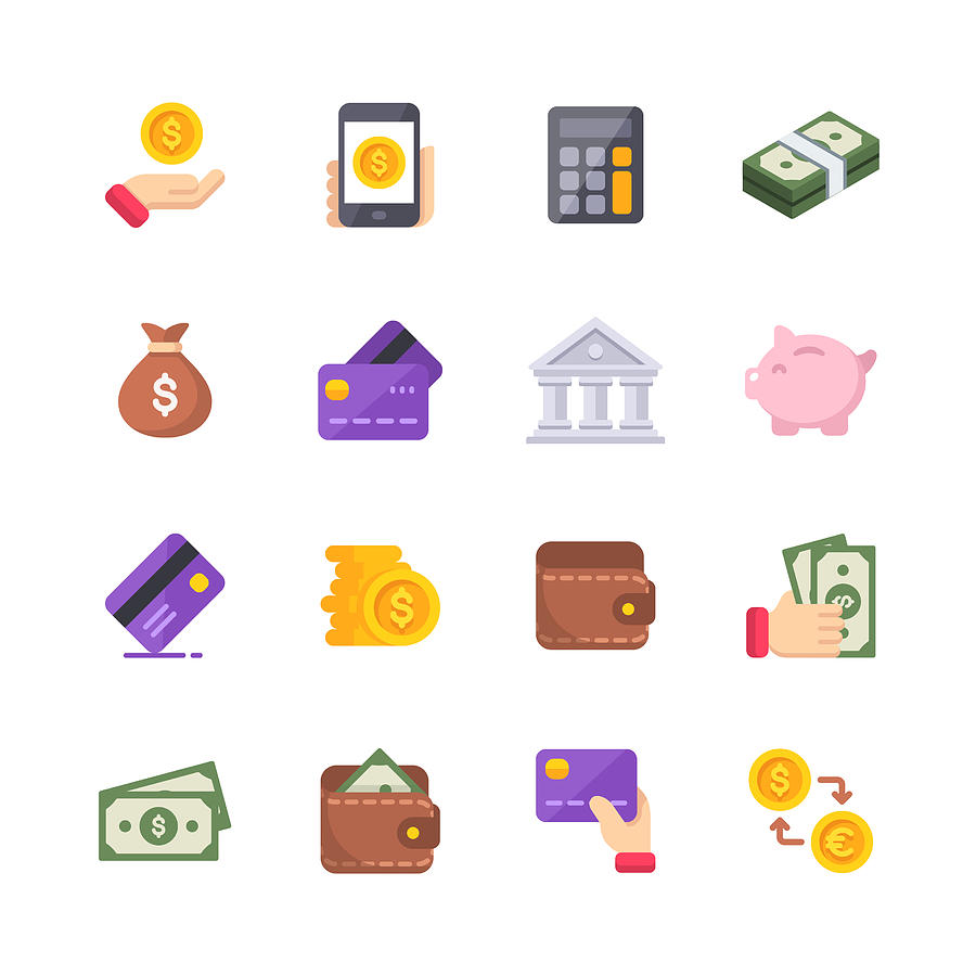 Money Flat Icons. Material Design Icons. Pixel Perfect. For Mobile and Web. Contains such icons as Isometric Money, Dollar Bill, Credit Card, Banking, Wallet, Coins, Money Bag, Currency Exchange. Drawing by Rambo182