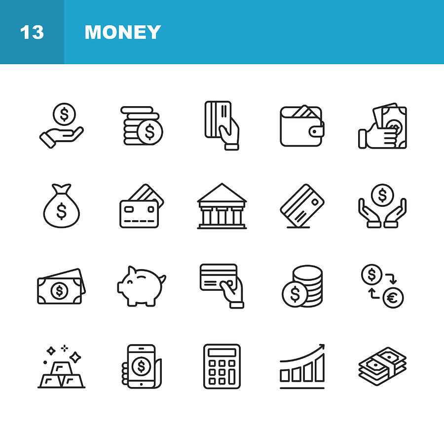 Money Line Icons. Editable Stroke. Pixel Perfect. For Mobile and Web. Contains such icons as Money, Wallet, Currency Exchange, Banking, Finance. Drawing by Rambo182
