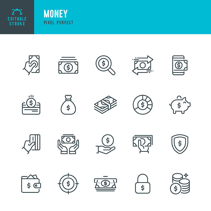 Money - thin line vector icon set. Pixel perfect. Editable stroke. The set contains icons: Credit Card, Money Bag, Paper Currency, Coins, ATM, Piggy Bank. Drawing by Fonikum